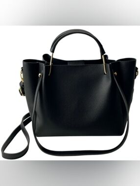 NWOT Classic Black Leatherette Top-Handle Tote with Crossbody Strap